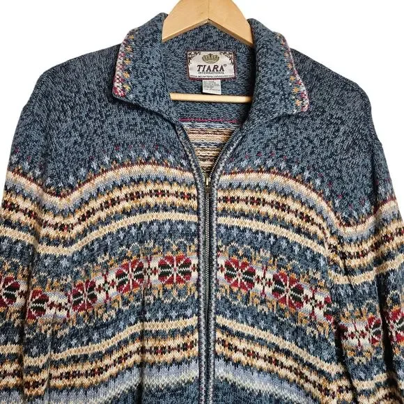 Tiara Navy Fair Isle Zip-Front Cardigan Sweater - Picture 2 of 11